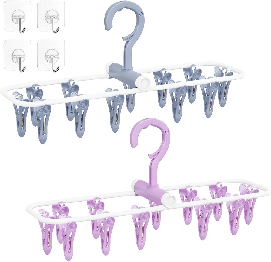 Clothes Drying Hanger with 12 Clips, 2 Pack Folding Portable Hanging Drying Rack,Drip Foldable Hanging Rack, 360° Rotatable Hook for Drying Towels Bras Baby Clothes Gloves Plastic(Blue&Purple)