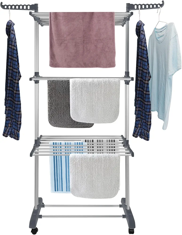 Bigzzia Clothes Drying Rack Folding Drying Rack Clothing 4 Tier Clothes Horses Rack Stainless Steel Laundry Drying Rack with Two Side Wings Grey