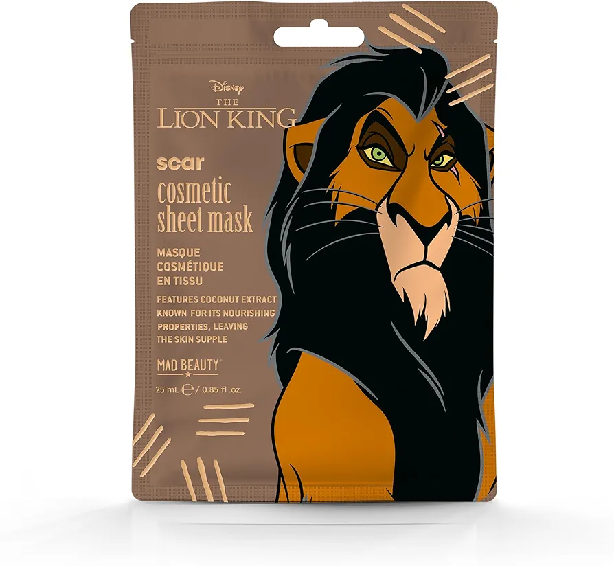 MAD BEAUTY Mascarilla Facial Lion King Sheet Mask Scar: Mascarilla Facial Revitalizante y Nutritiva con Diseño de Scar para una Piel Hidratada y Renovada.