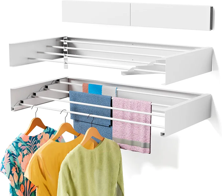 Laundry Drying Rack Collapsible, Wall Mounted Drying Rack, Clothes Drying Rack, Retractable Wall Drying Rack, 24" Wide, 11.2 Linear Ft, 4 Aluminum Rods, 60 lb Capacity (White, 23.6'')