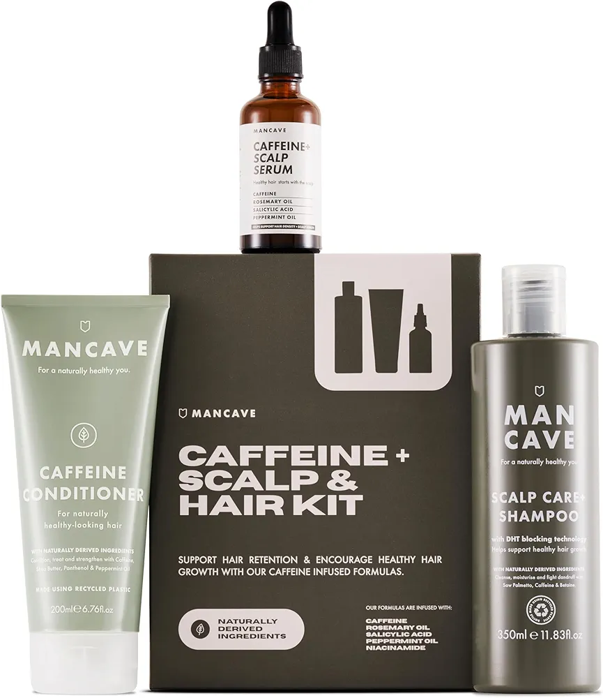 ManCave Caffeine+ Kit para cuero cabelludo y cabello con 3 elementos esenciales para el cuidado del cabello y el cuero cabelludo más sanos, champú para el cuidado del cuero cabelludo, acondicionador