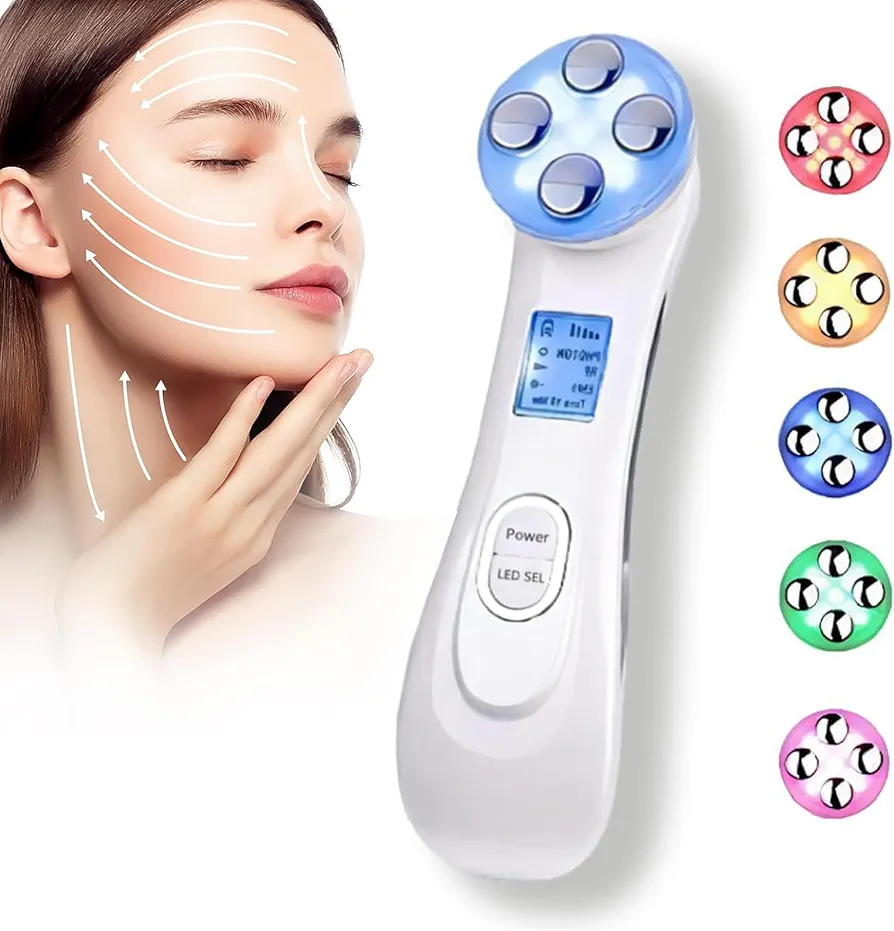 Masajeador facial Terapia de luz LED Dispositivo de belleza Masajeador facial 6 en 1 Dispositivo eléctrico de estiramiento facial con microcorriente EMS para reafirmar la piel y antienvejecimiento