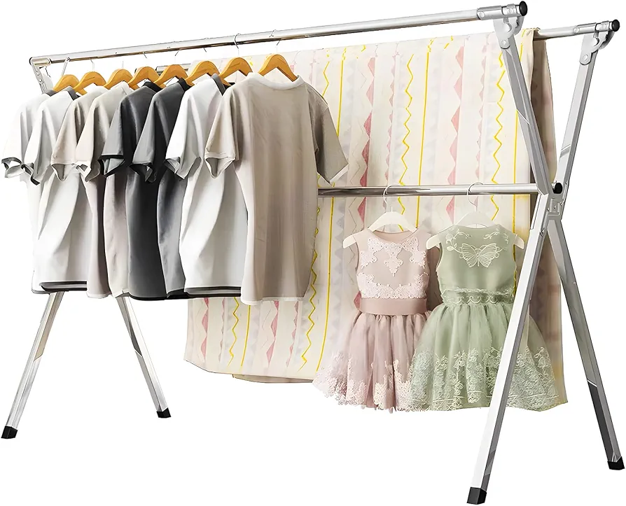 URYAN 95 Inches Clothes Drying Rack, Heavy Duty Stainless Steel Laundry Drying Rack Folding Indoor Outdoor, Portable Drying Rack Clothing, Blanket Rack Clothesline with 20 Windproof Hooks