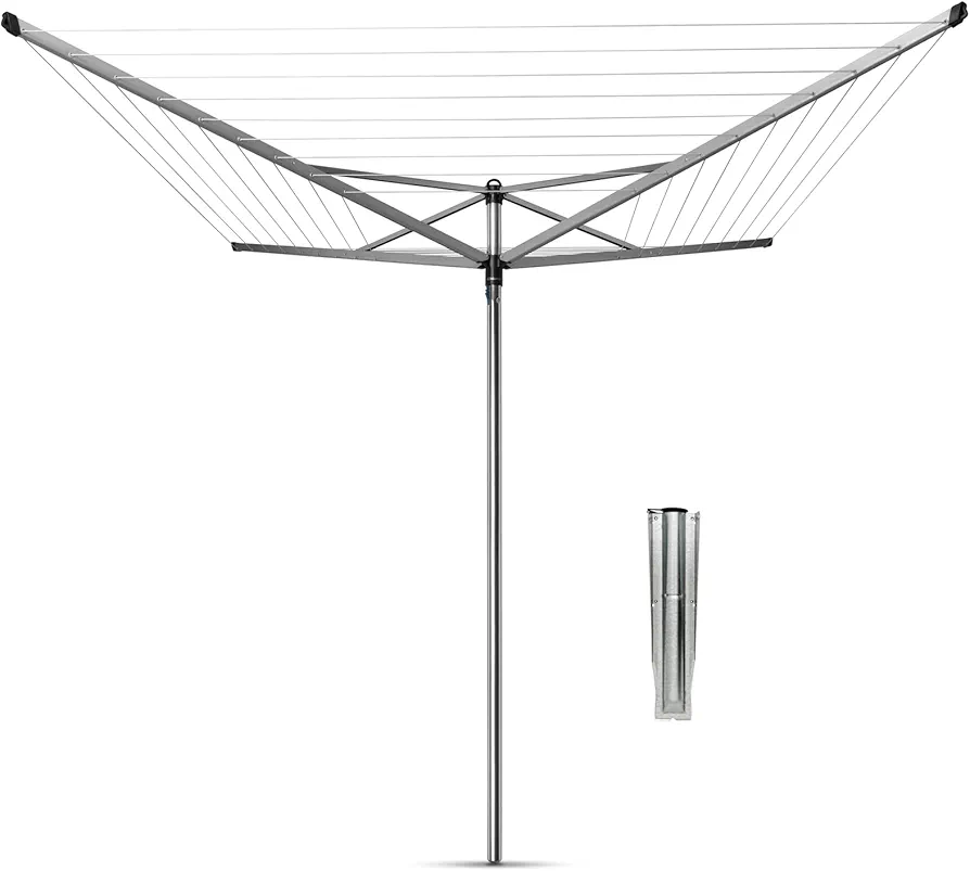 Brabantia Topspinner Outdoor 4 Arm Spinning Clothesline (164 ft/Ø 1.8") Rotating, Folding Clothes Drying Rack + Ground Spike (Gray)