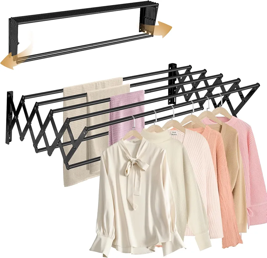 XL-31.5'' Wall Mounted Clothes Drying Rack, 130 lbs Large Capacity Rustproof Retractable Collapsible Drying Rack Easy Install with 7 Drying Rods, Space Saving Towel Drying Rack for Laundry-Black