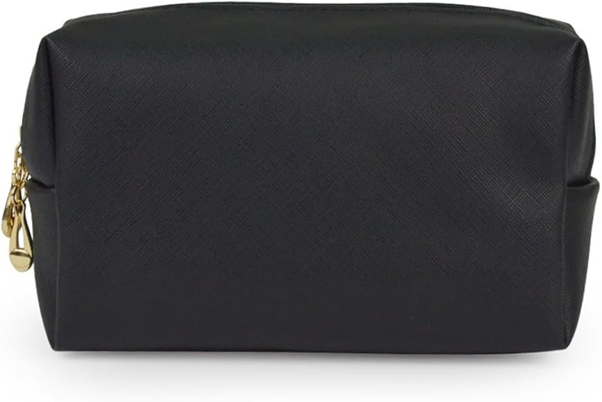 CAZSTYK Bolsa de maquillaje para niñas, bolsa de viaje de poliuretano, impermeable, para cuidado personal, belleza (negro/dorado), Black, S