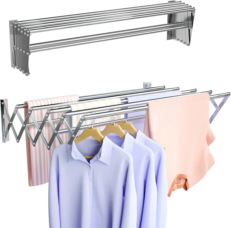 Wall Mounted Clothes Drying Rack, Foldable Wall Mount Laundry Drying Rack Folding Indoor, Drying Rack Clothing Collapsible, Retractable Towel Drying Rack, Space Saver with 7 Drying Rods