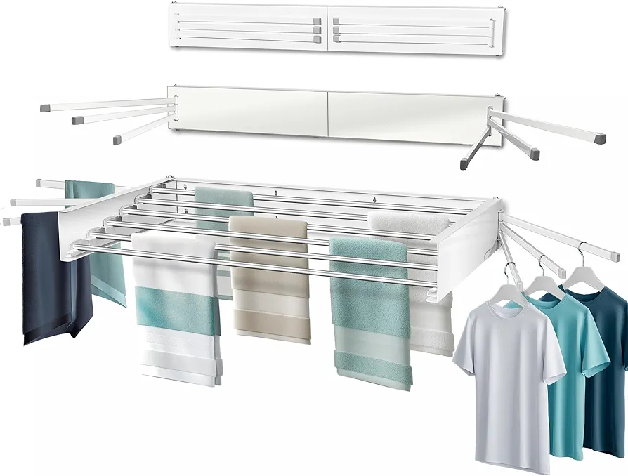 Wall Mounted Clothes Drying Rack with 6 Swivel arms, 35”Wide, 26 Linear ft of Laundry Drying Rack Space, 6 Collapsible Aluminum rods, 2X Drying Capacity, Space Organizer Holds up to 60lbs