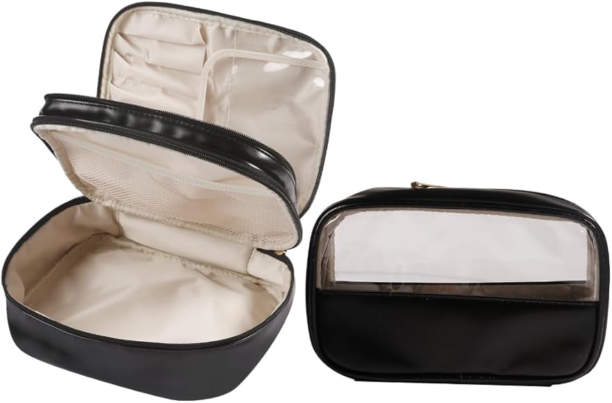 Bottone 2 bolsas de maquillaje impermeables para artículos de tocador, bolsa de almacenamiento de cosméticos para mujeres y niñas, bolsa de viaje para cuidado personal y belleza, Negro -