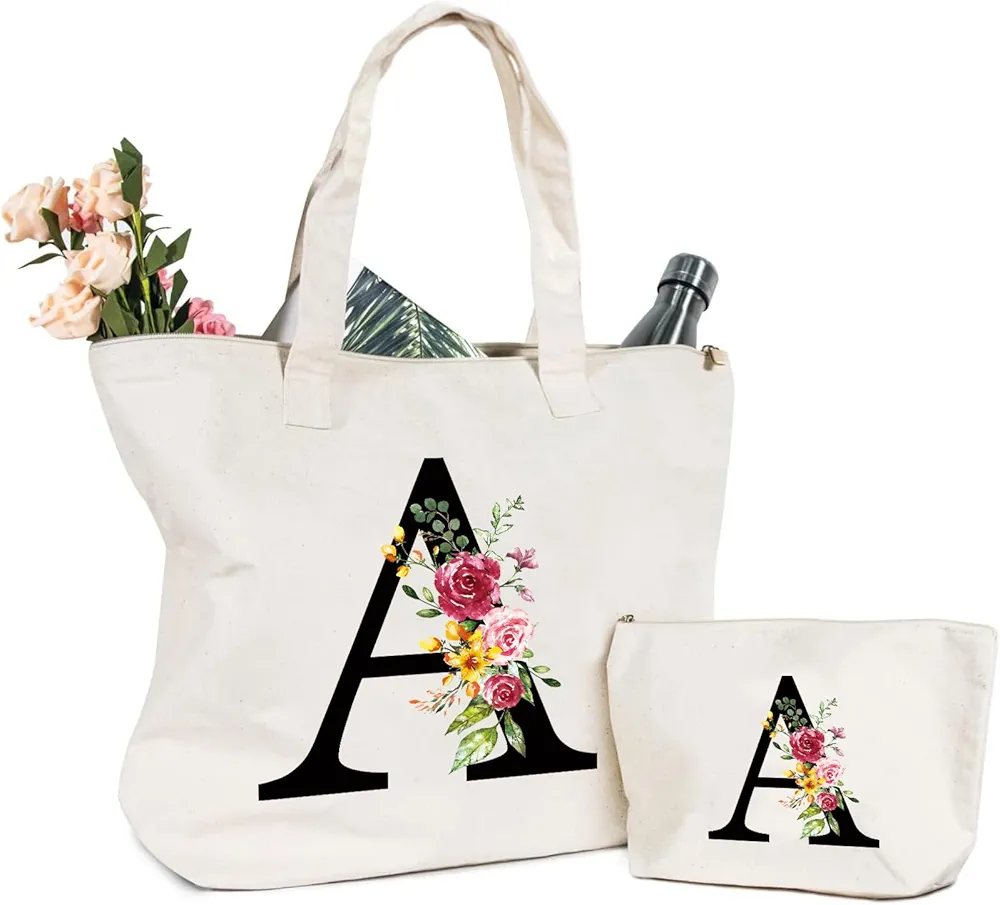 Letras Personalizadas Bolsa de lona, Bolso Tote de Mujer con Inicial y Flores Bolsa de Compras con Bolsillo Interior Alfabeto Bolso de Cosméticos Regalos para Damas Amigas Mamá Regalo Cumpleaños(A)