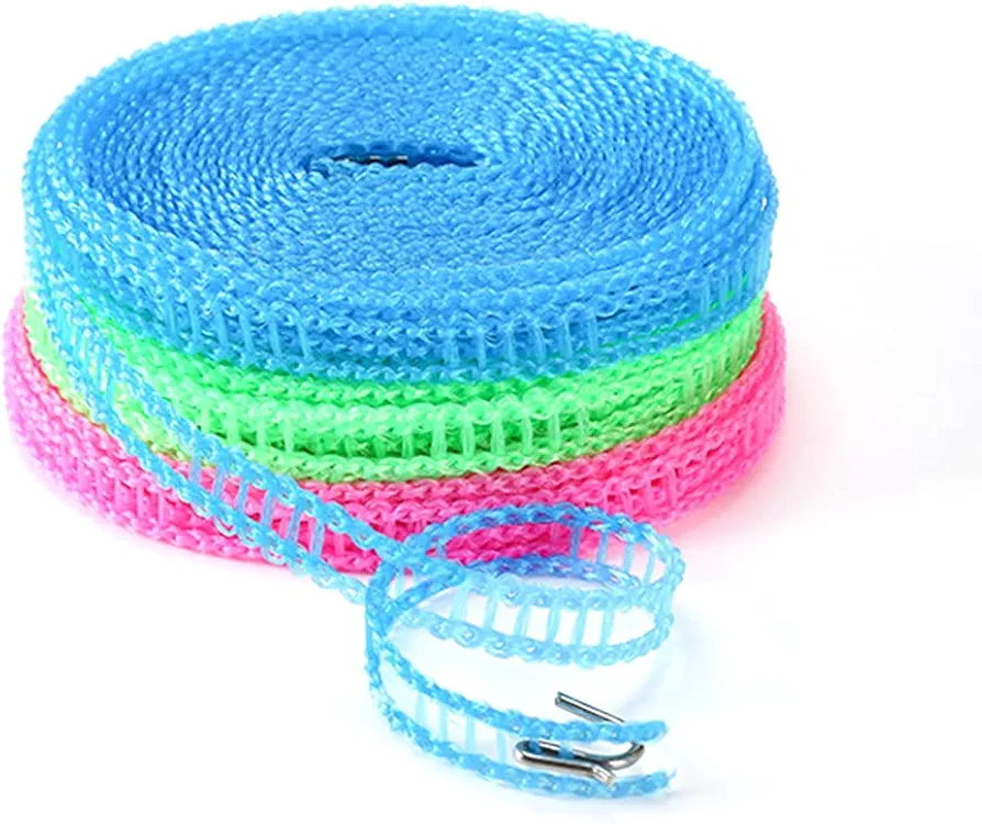 3 Pack of ALINNA Windproof Nylon Clothesline Pink Blue Green Colors Adjustable Clothes Drying Rope Travel Clothes Line Portable Laundry Line for Indoor Outdoor Camping Home Hotel(5m/16.4ft)