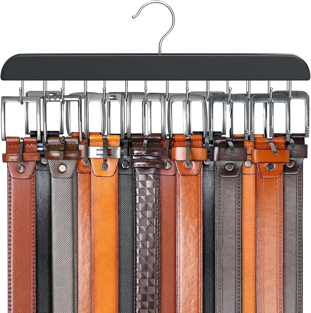 Belt Hanger for Closet Max 42 Belts, Sturdy Wood Belt Rack Closet Accessories with 14 Hooks Belt Organizer for Closet Organizers and Storage -Black 1 Pack