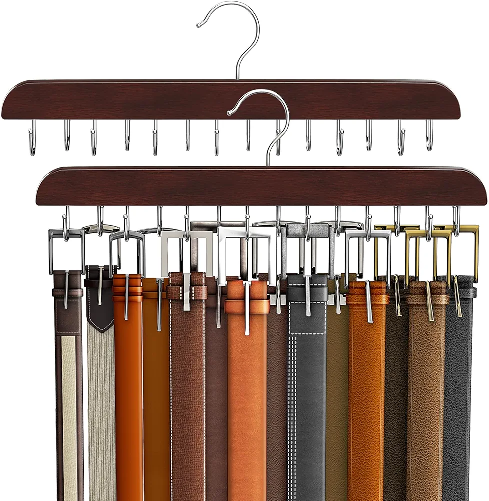 Belt Hanger for Closet Max 42 Belts, Belt Organizer Closet Accessories with 14 Hooks Belt Rack Sturdy Wood for Closet Organizers and Storage-Mahogany 2 Pack