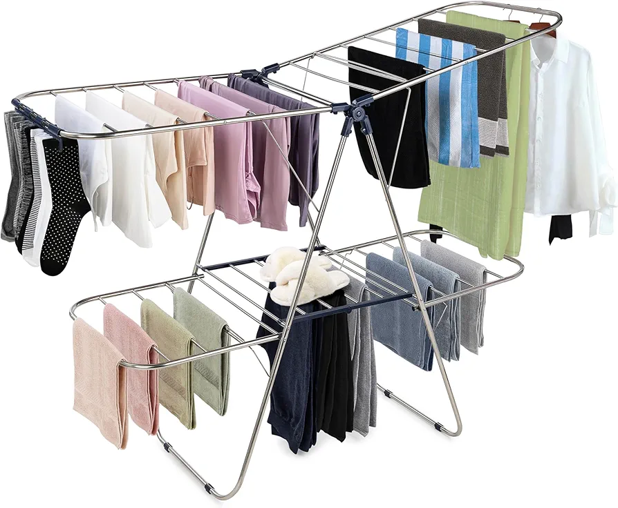 Smartsome Clothes Drying Rack Foldable - 2 Level Stainless Steel Laundry Drying Rack with Height-Adjustable Wings, 33 Drying Rails, Sock Clips, Silver and Blue - Freestanding Large Drying Rack