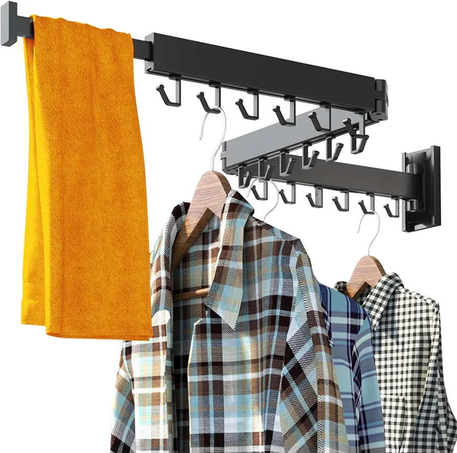 Clothes Drying Rack for Laundry,Wall Mounted Clothes Hanger Rack,Folding,Retractable,Collapsible(J Shape Hooks)