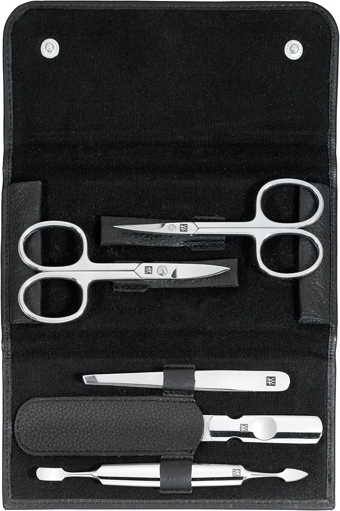 ZWILLING Set de manicura (5 piezas, para el cuidado de uñas y pedicura, con estuche de piel auténtica con tijeras para uñas y tijeras para cutículas), acero inoxidable pulido, negro