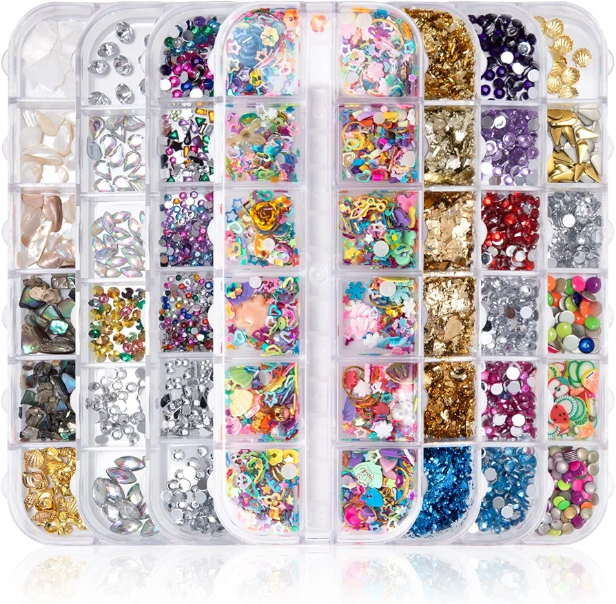 Decoración Adornos de Uñas Piedras 3D Kit de Diamantes de Imitación de Arte de Uñas, Pedrería Cristales Nail Glitter para Arte de Uñas (7 Cajas)