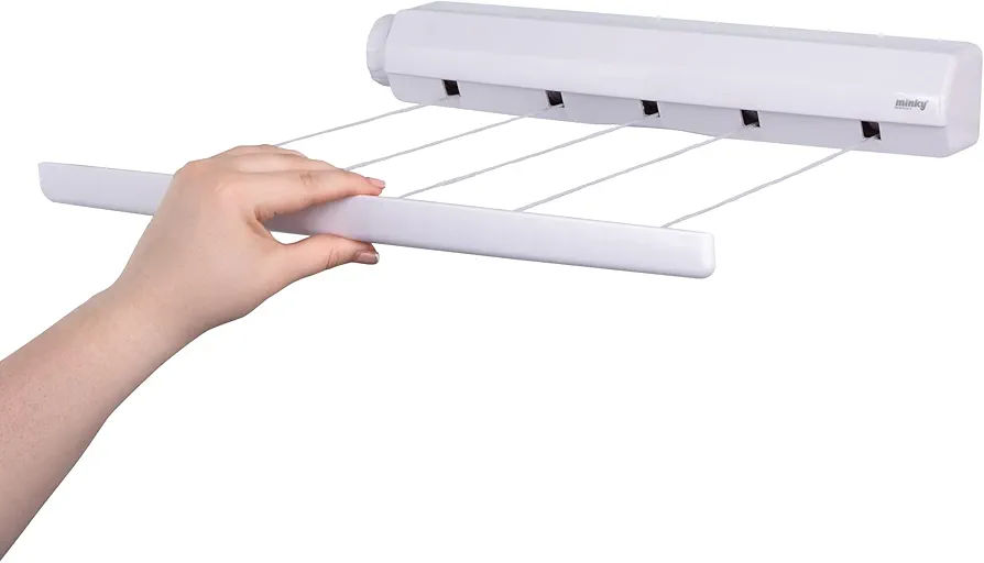 Minky Homecare 5 Line Retractable Indoor Clothesline - 5 x 14 Feet Wall Mounted Drying Rack Laundry Line - 72 Feet, White