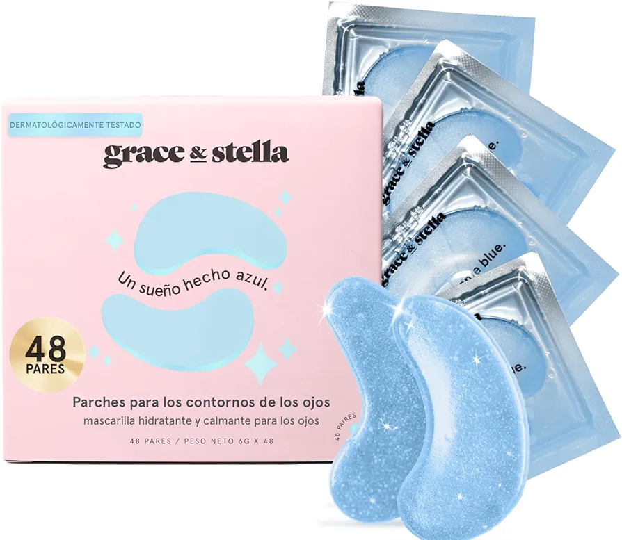 Grace and Stella Parches Ojos Bolsas y Ojeras para Reducir Ojeras, Bolsas, Arrugas - Parches Ojos de Gel, Cuidado Personal Vegano No Testado en Animales [48 Pares, Azul]