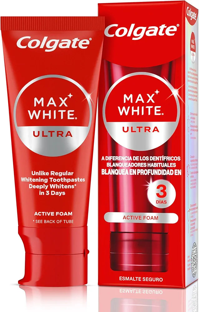 COLGATE Max White Ultra Active Foam Pasta de Dientes Blanqueadora con Flúor, 50ml, Dentífrico Blanqueador Seguro con el Esmalte, Dientes más Blancos en Sólo 3 Días*, Elimina Manchas Profundas*