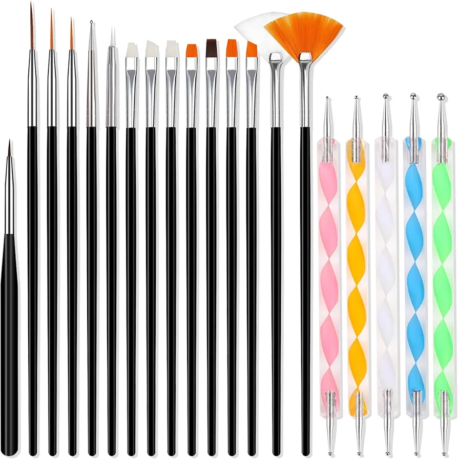 Qufiiry 20 Pcs Pinceles Para Uñas, 15 Pinceles y 5 Punzones Incluidos, Para Uñas De Gel Para Diseño De Uñas, Para Pinceles, Detalles, Pintura, Mezcla, Líneas Alargadas