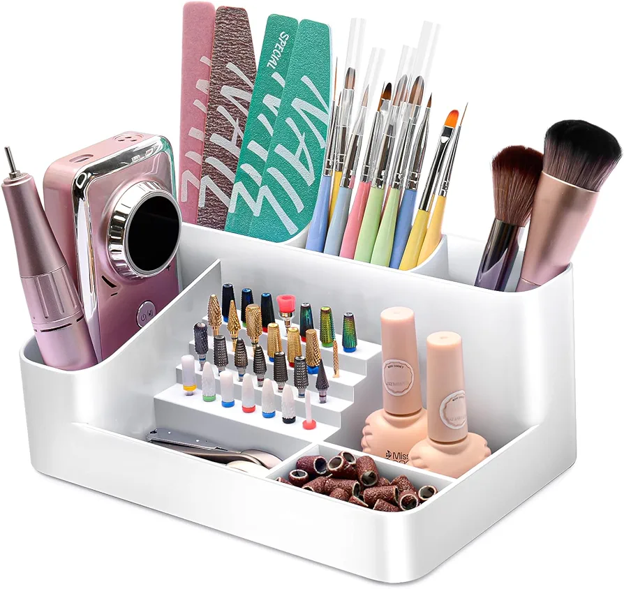 ANRUI 28 Agujeros Soporte para Brocas de Uñas, 7 Compartimentos Caja de Almacenamiento de Plástico de Brocas de Uñas, Organizador Contenedor para Accesorios de Manicura de Uñas, Blanco