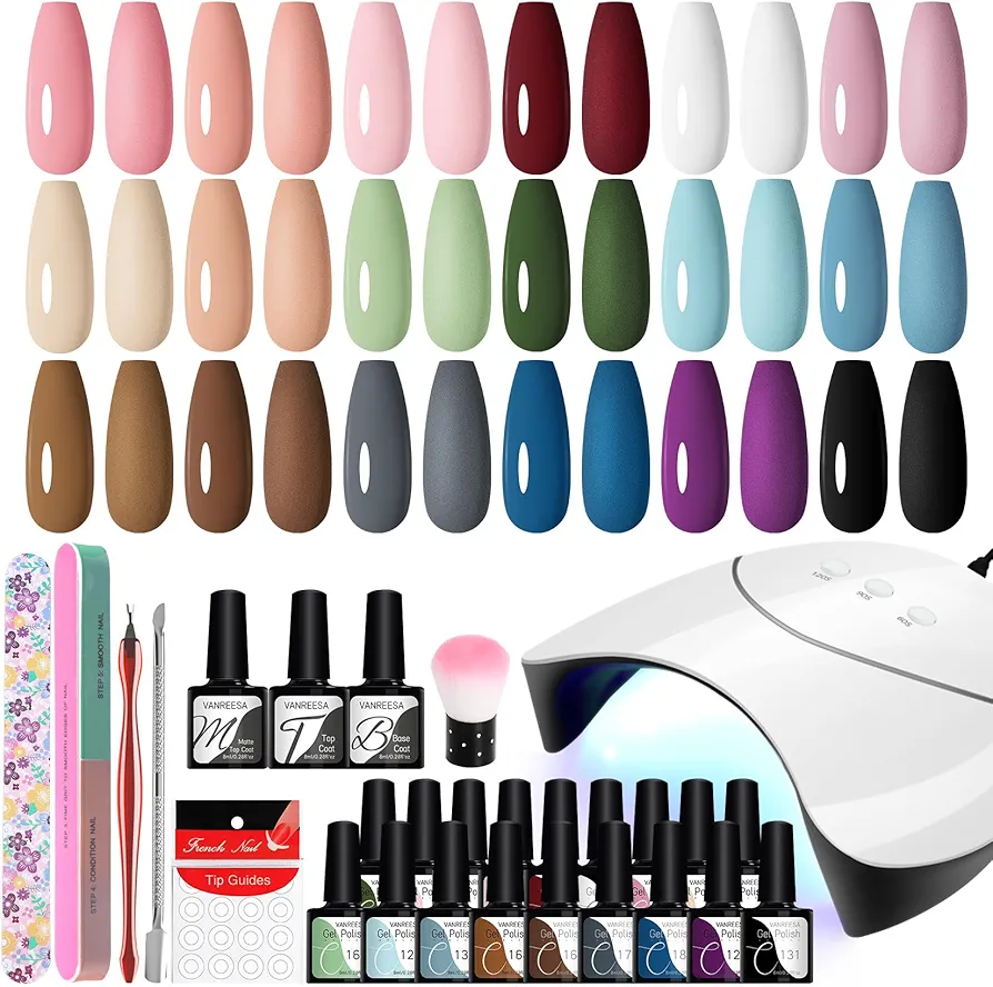 VANREESA Uñas Semipermanentes Kit Completo y Lámpara U V 18 Colores Kit Uñas Semipermanentes con Base Top Mate Top Coat Kit Manicura Semipermanente