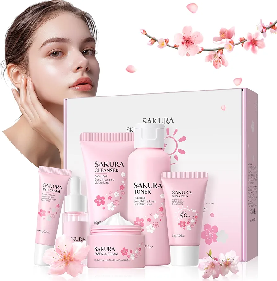 Set de cuidado de la piel Flor de Cerezo, Set de cuidado facial Sakura, Set de 6 piezas para el cuidado de la piel Sakura, Set de limpieza facial hidratante y humectante